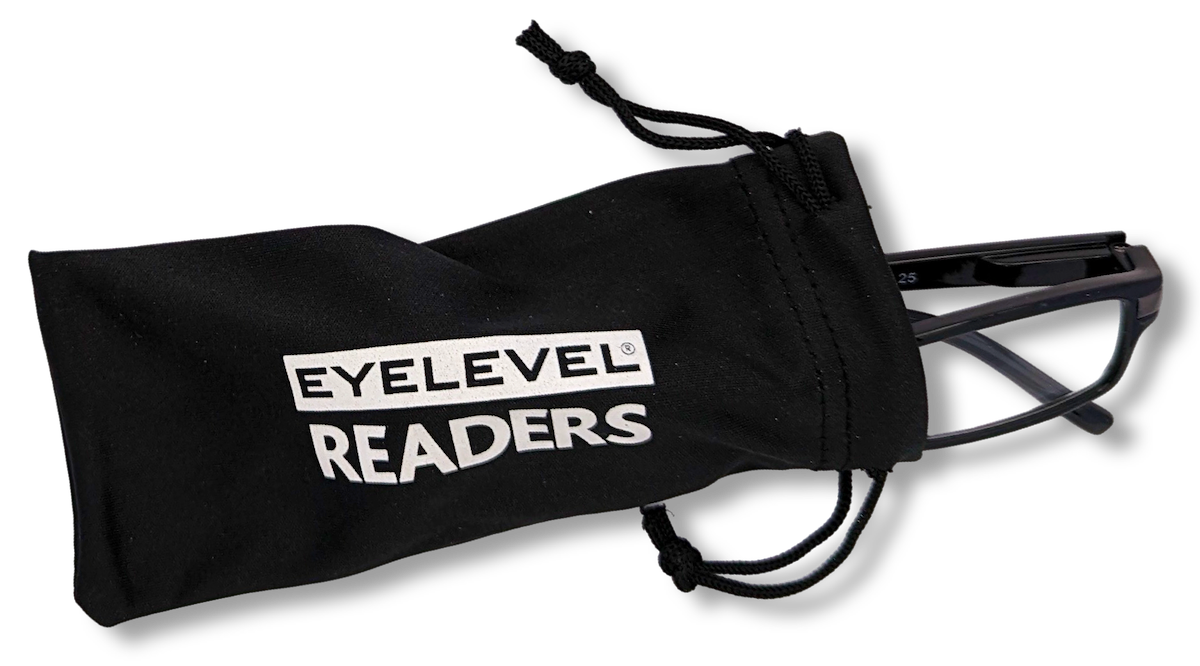 Eyelevel-UK Attorney black reading glasses partially inside a black branded drawstring storage pouch