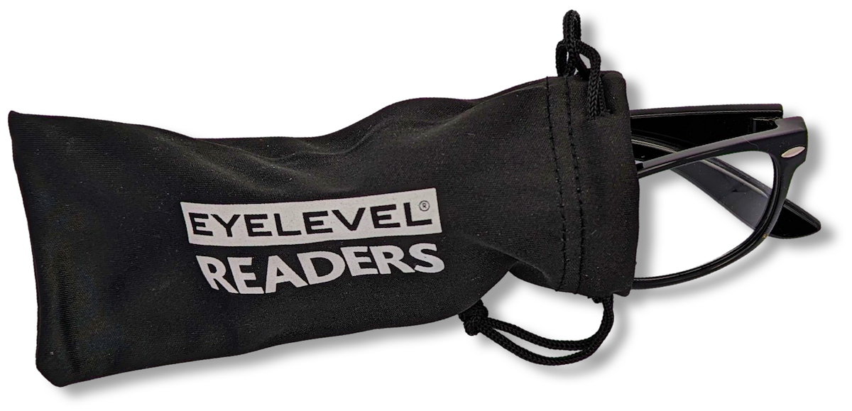 Eyelevel-UK black rectangular reading glasses partially inside a black branded soft felt storage pouch