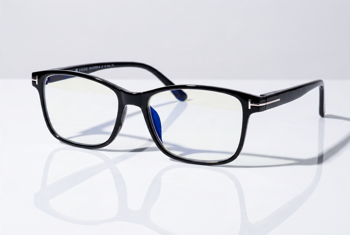 Eyelevel-UK black rectangular blue-light-filtering glasses with gold-tone temple detailing on a white surface.