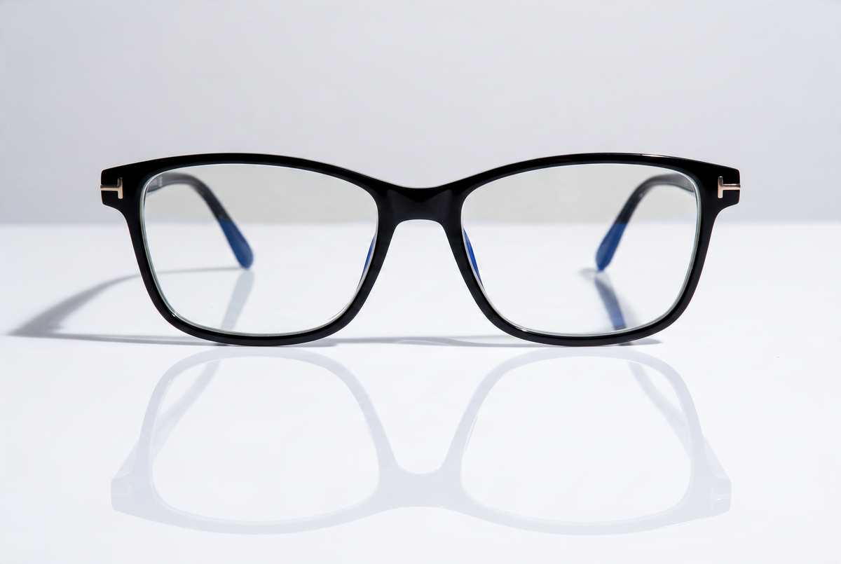 Eyelevel-UK black rectangular reading glasses with blue-light-filtering lenses on a reflective white surface.