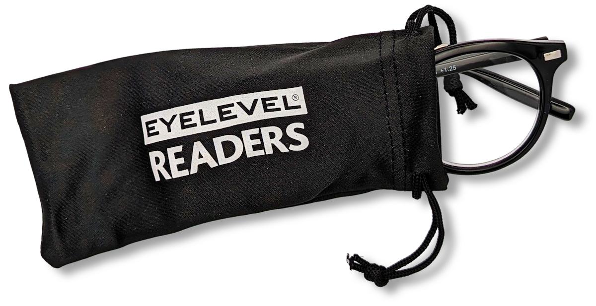 Eyelevel-UK Boston black round reading glasses partially inside a black branded fabric drawstring storage pouch