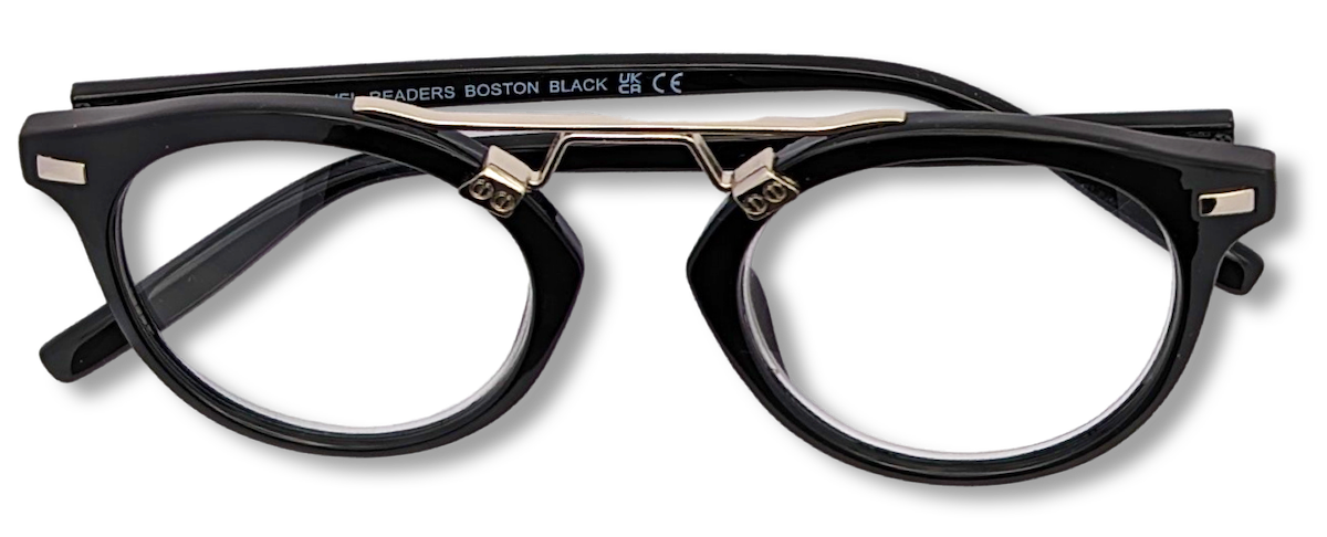 Eyelevel-UK Boston black round reading glasses with a mixed-material frame and gold-tone metal bridge detailing.