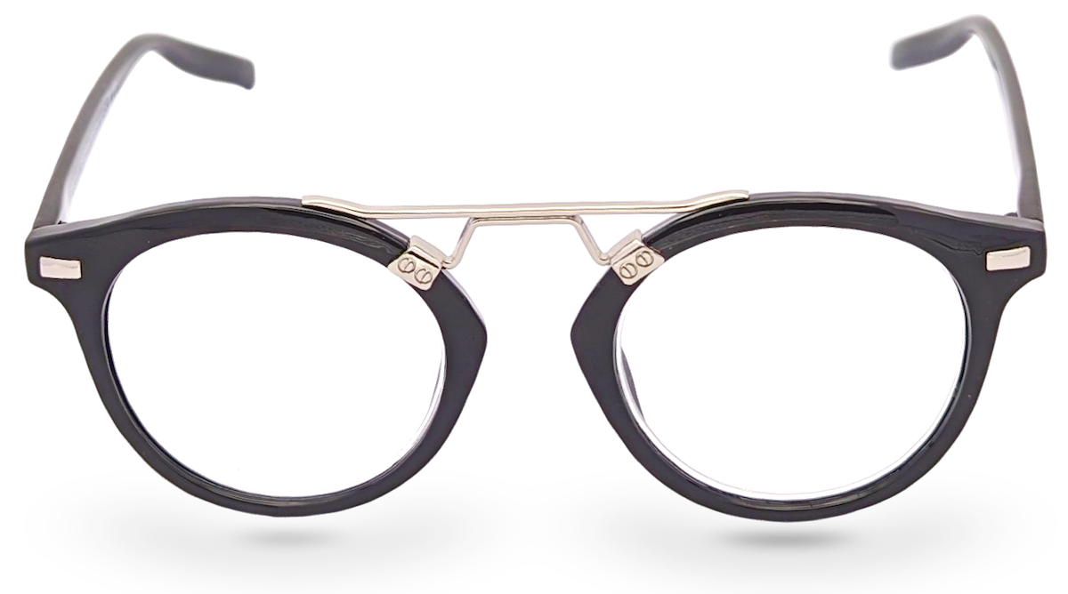 Eyelevel-UK Boston black round reading glasses with a mixed-material frame and silver-tone metal bridge detailing.
