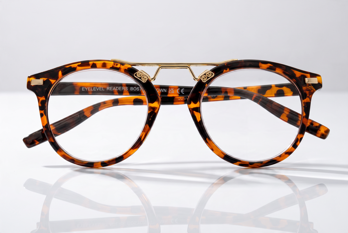 Eyelevel-UK Boston brown tortoiseshell round reading glasses with gold-tone metal bridge detailing