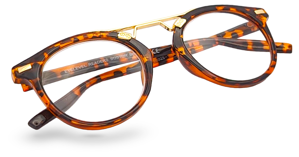 Eyelevel-UK Boston brown tortoiseshell round reading glasses with gold-tone metal bridge detailing