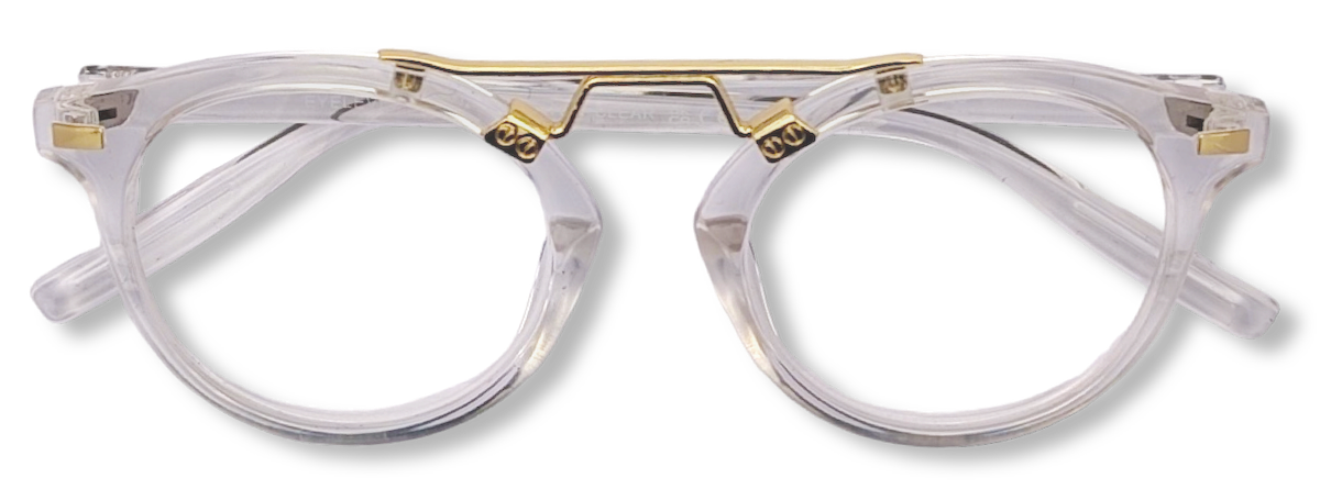 Eyelevel-UK Boston clear round reading glasses with a transparent frame and pale gold-tone metal bridge detailing.