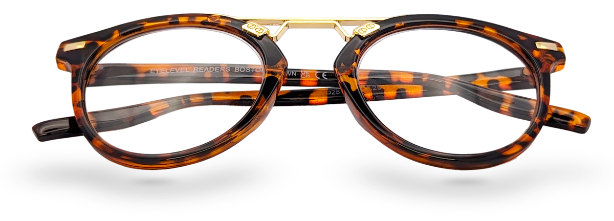Eyelevel-UK Boston brown tortoiseshell round reading glasses with gold-tone metal bridge detail