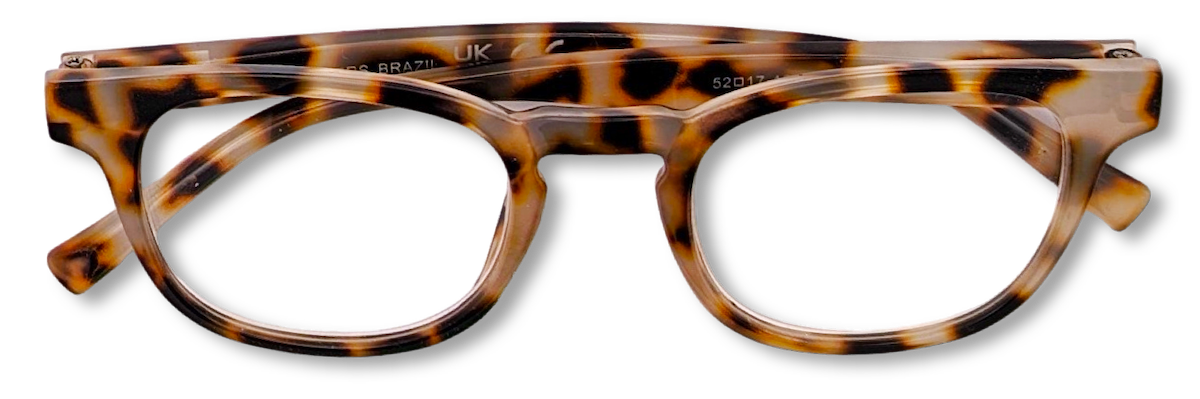 Eyelevel-UK Brazil reading glasses with a rounded square light-tortoiseshell plastic frame and clear lenses.