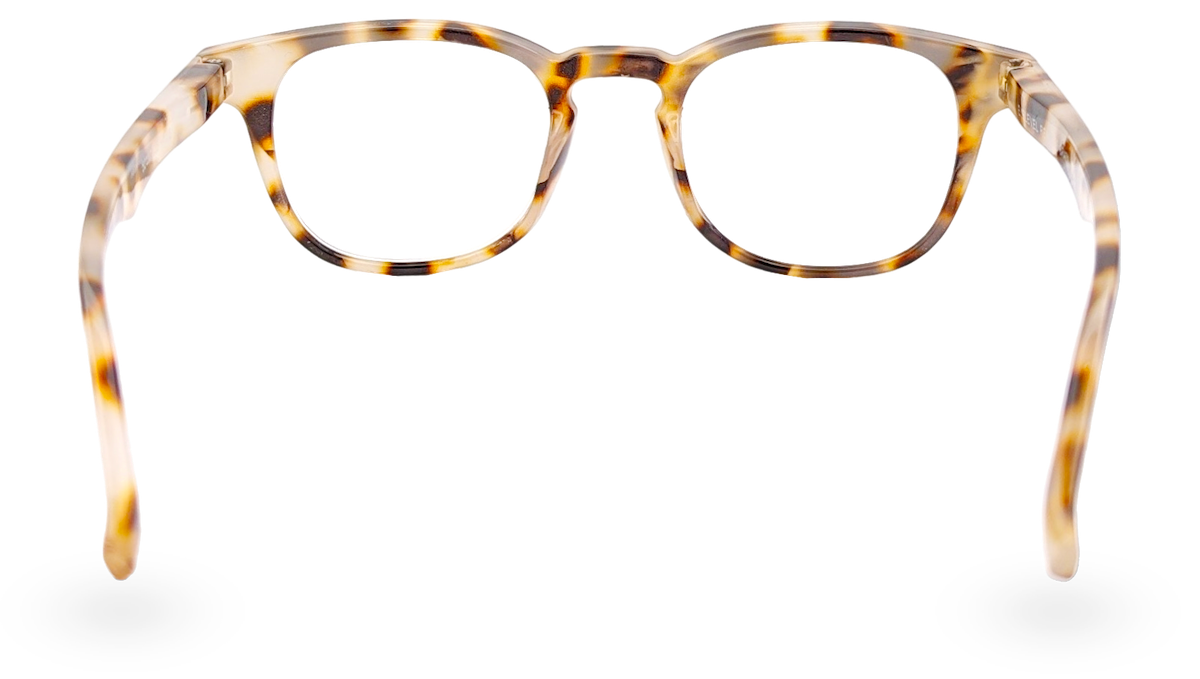 Eyelevel-UK Brazil reading glasses with a rounded square light tortoiseshell plastic frame, back view.