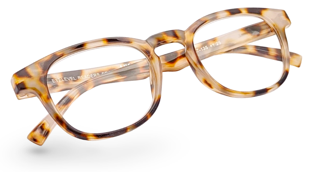 Eyelevel-UK Brazil reading glasses with a rounded square light tortoiseshell plastic frame and clear lenses.