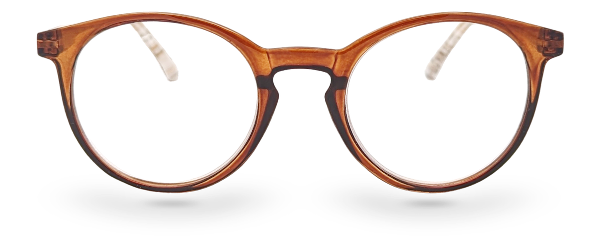 Eyelevel-UK Royal reading glasses with a brown animal print round plastic frame and clear magnifying lenses