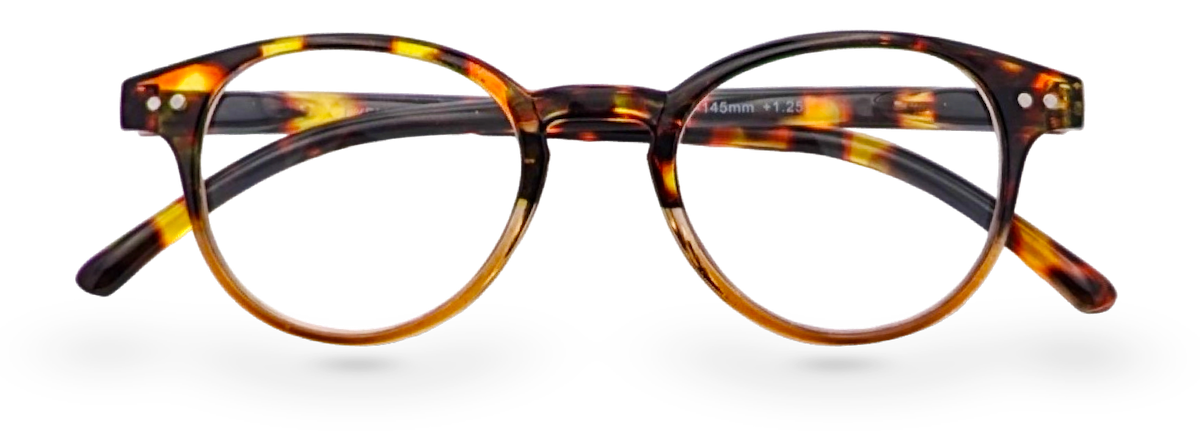 Eyelevel-UK Budapest reading glasses with a rounded brown tortoiseshell plastic frame and clear magnifying lenses.