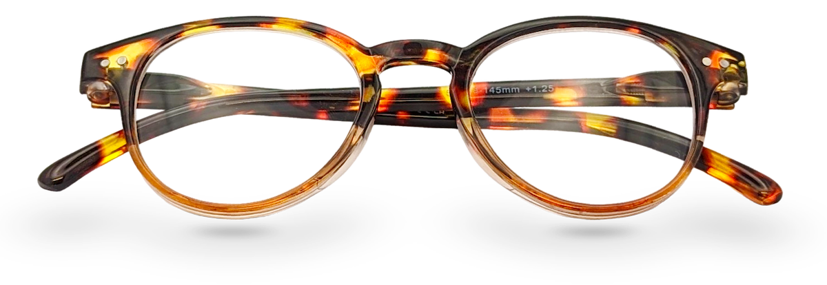 Eyelevel-UK Budapest reading glasses with a rounded brown tortoiseshell plastic frame and clear magnifying lenses.
