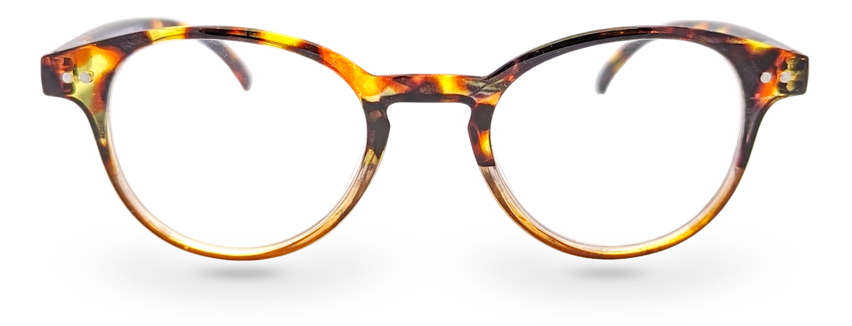 Eyelevel-UK Budapest reading glasses with a rounded brown tortoiseshell plastic frame and clear magnifying lenses.