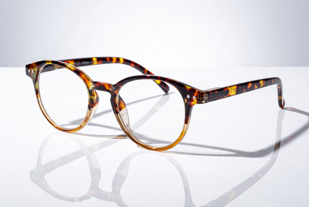 Eyelevel-UK Budapest reading glasses with a rounded brown tortoiseshell plastic frame and clear magnifying lenses.