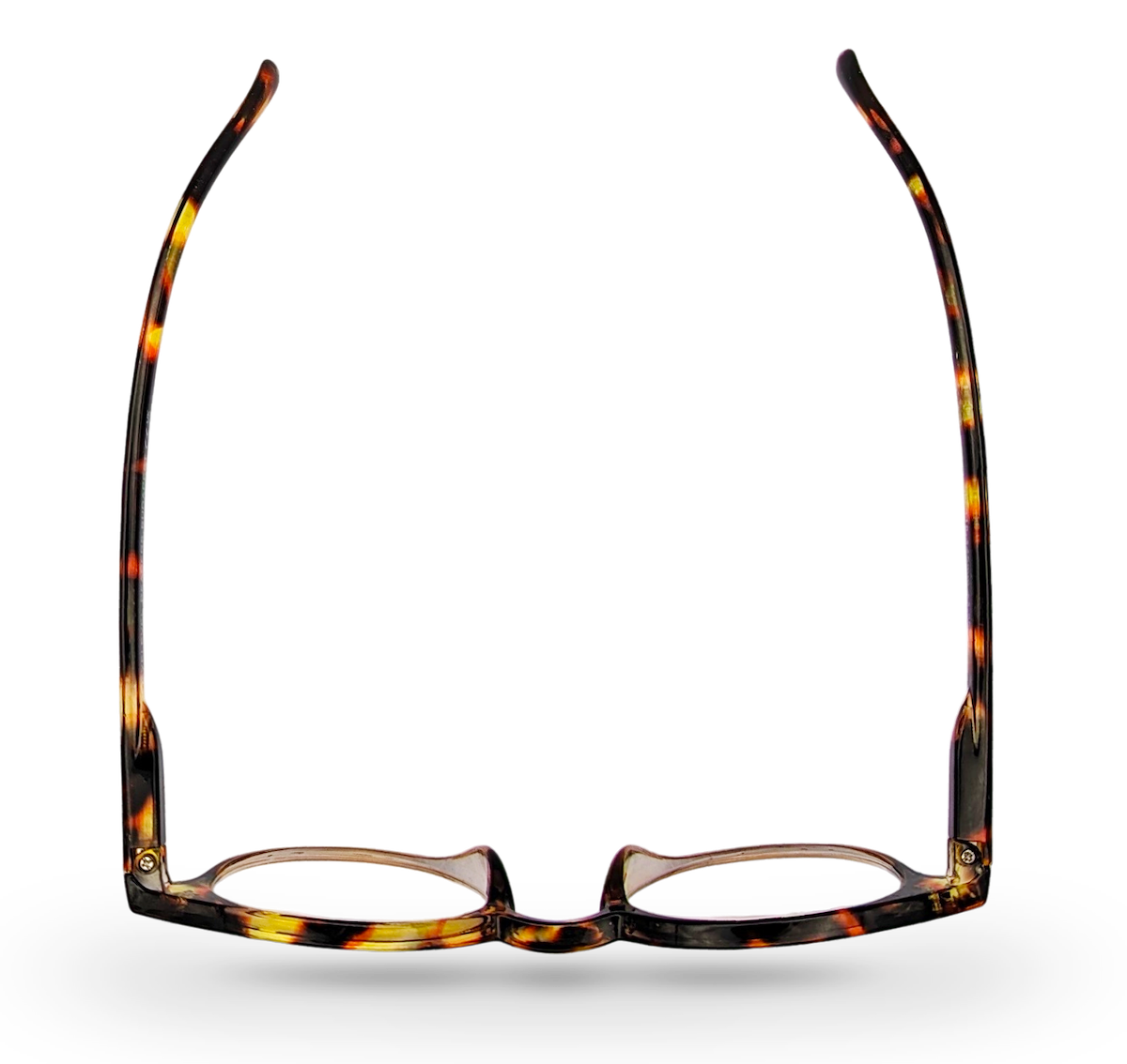 Eyelevel-UK Budapest reading glasses with a rounded brown tortoiseshell plastic frame, viewed from above.
