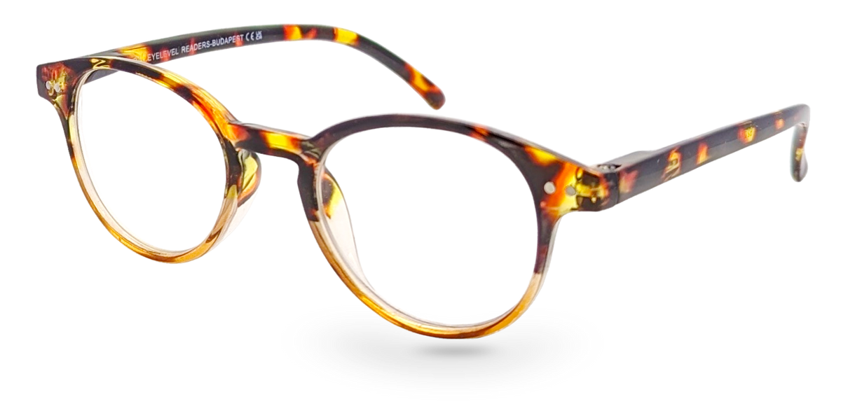 Eyelevel-UK Budapest reading glasses with a rounded brown tortoiseshell plastic frame and clear magnifying lenses.