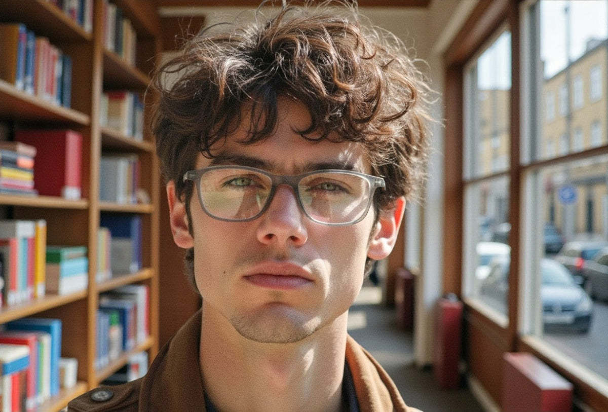 A young man wearing Eyelevel-UK Cambridge grey rectangular reading glasses in a library setting.