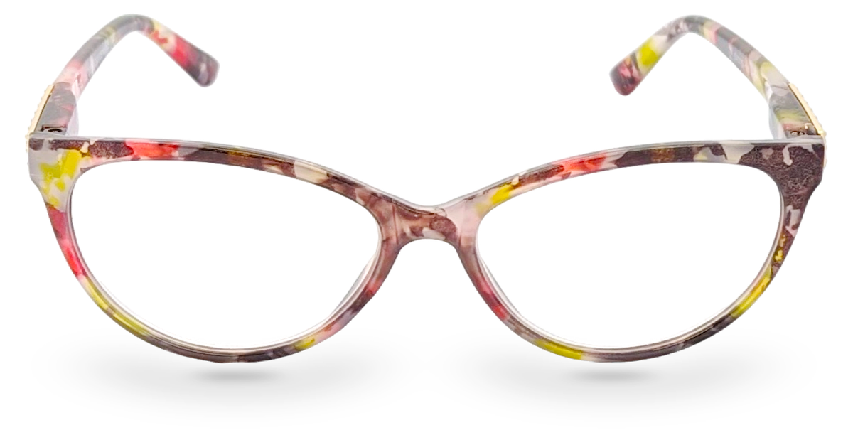Eyelevel-UK Camden reading glasses with a colourful tortoiseshell rectangular frame and clear magnifying lenses