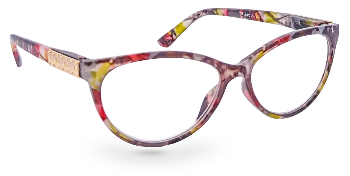 Eyelevel-UK Camden reading glasses with a colourful floral tortoiseshell rectangular frame and gold temple detail.