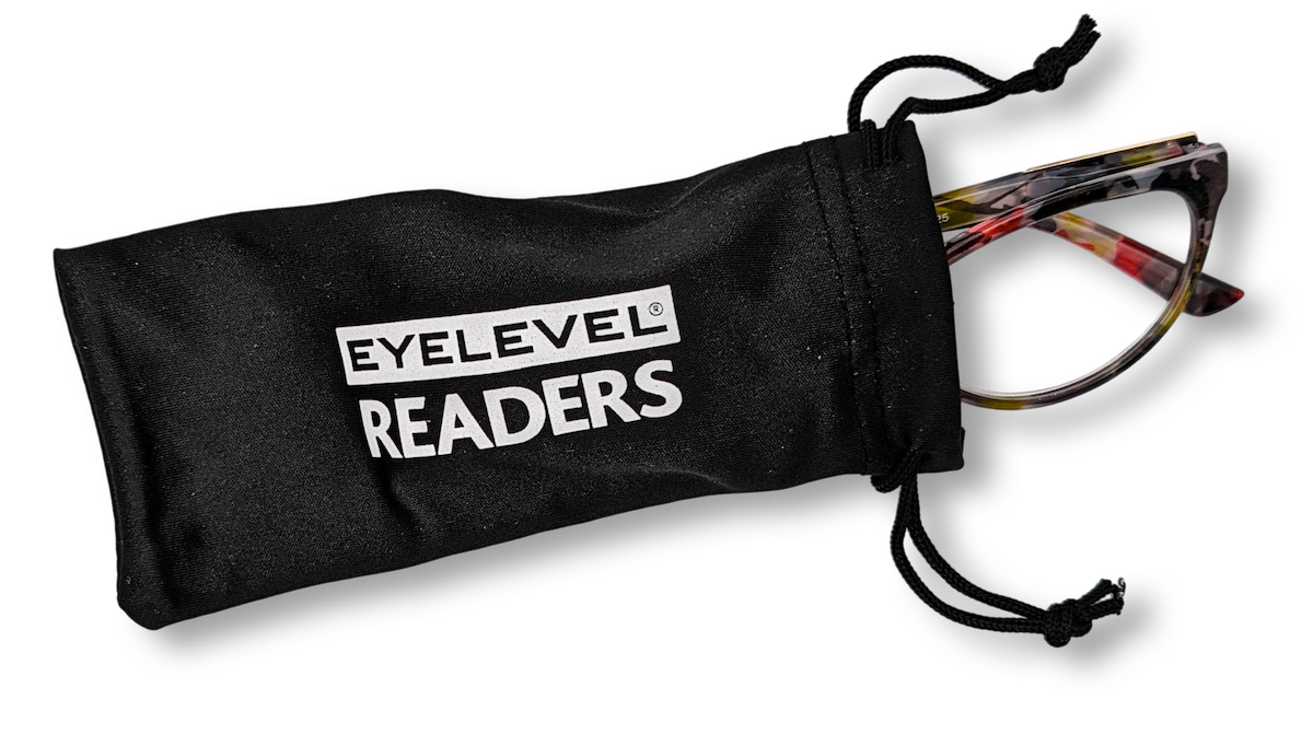 Eyelevel-UK Camden reading glasses with tortoiseshell frames tucked inside a black drawstring storage pouch