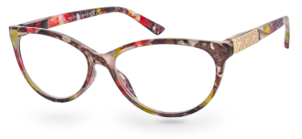 Eyelevel-UK Camden reading glasses with a multi-coloured tortoiseshell rectangular frame and gold temple accents.
