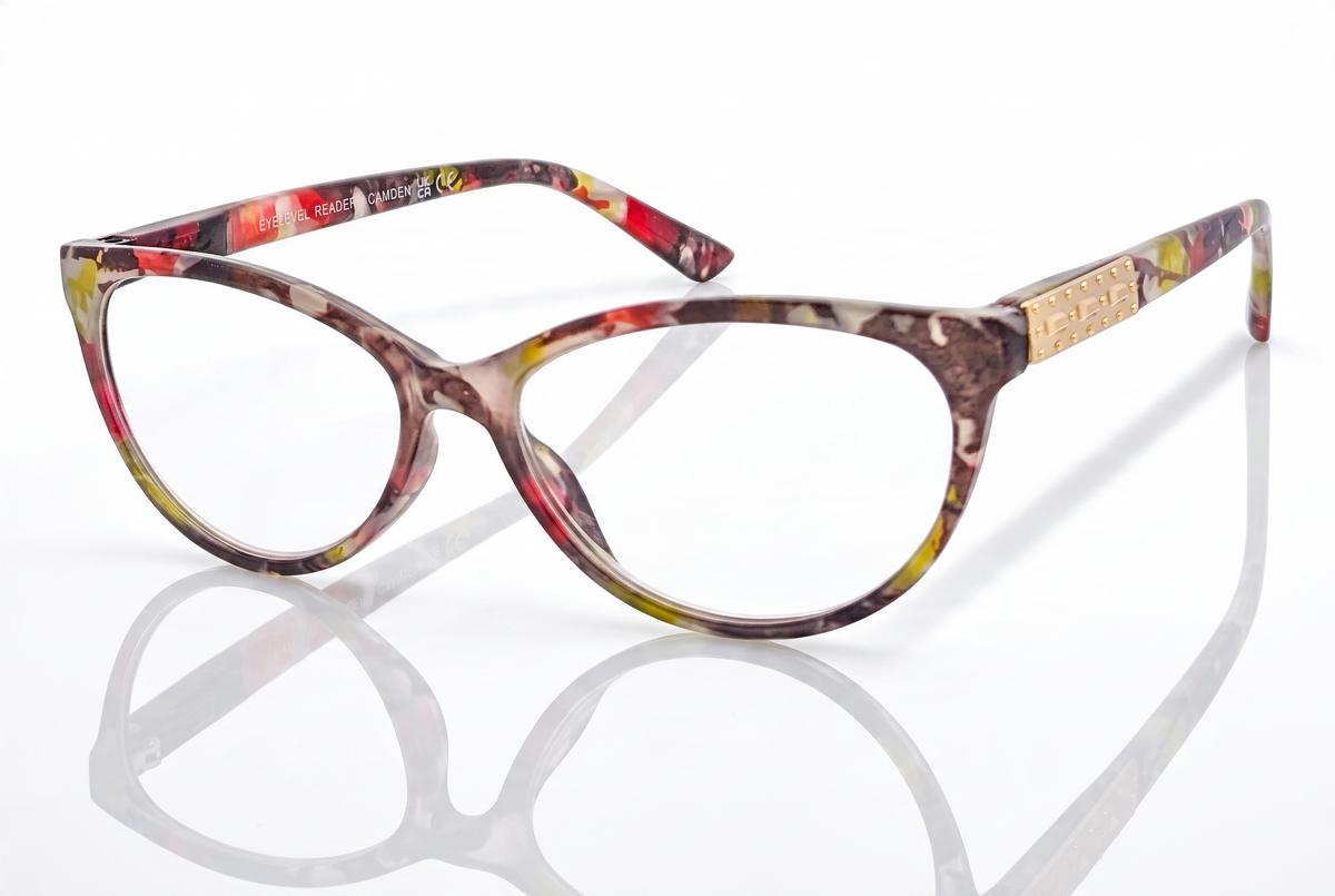 Eyelevel-UK Camden reading glasses with a patterned tortoiseshell rectangular frame and gold-tone temple detailing.
