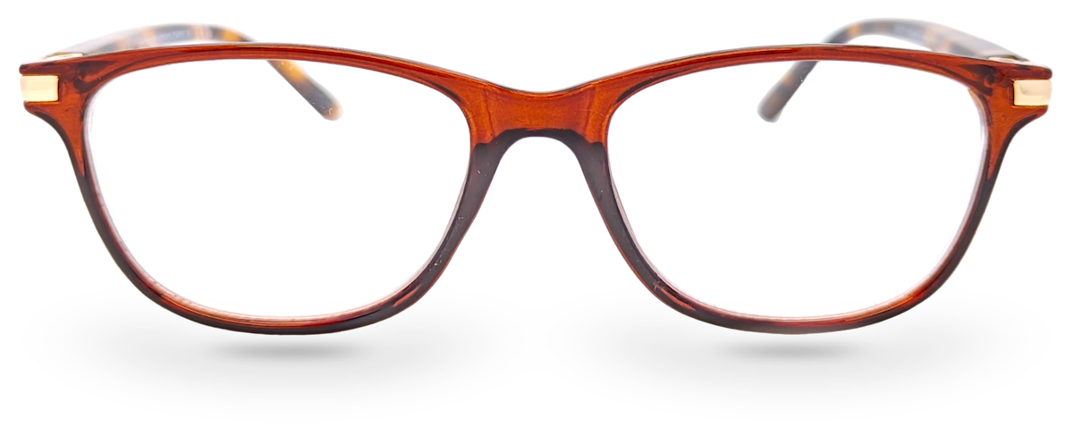 Eyelevel-UK Caracas reading glasses with a translucent brown and orange squared plastic frame and clear lenses.