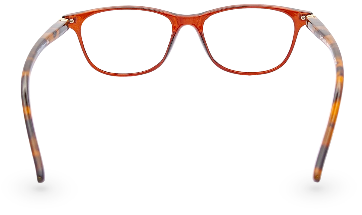 Eyelevel-UK Caracas reading glasses with a translucent brown and orange squared frame and clear magnifying lenses.