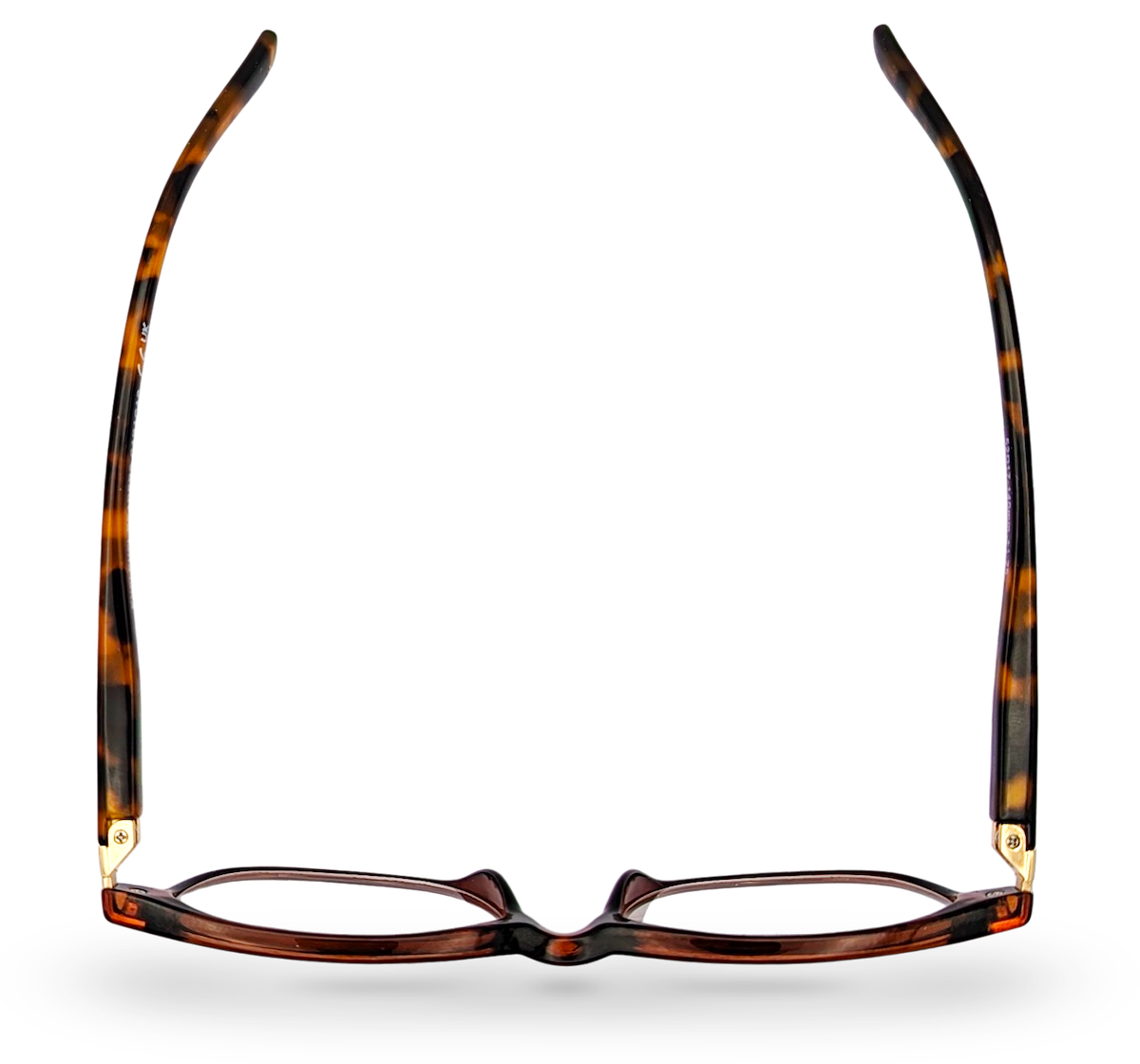Eyelevel-UK Caracas reading glasses with a brown and orange translucent tortoiseshell frame, top-down view.