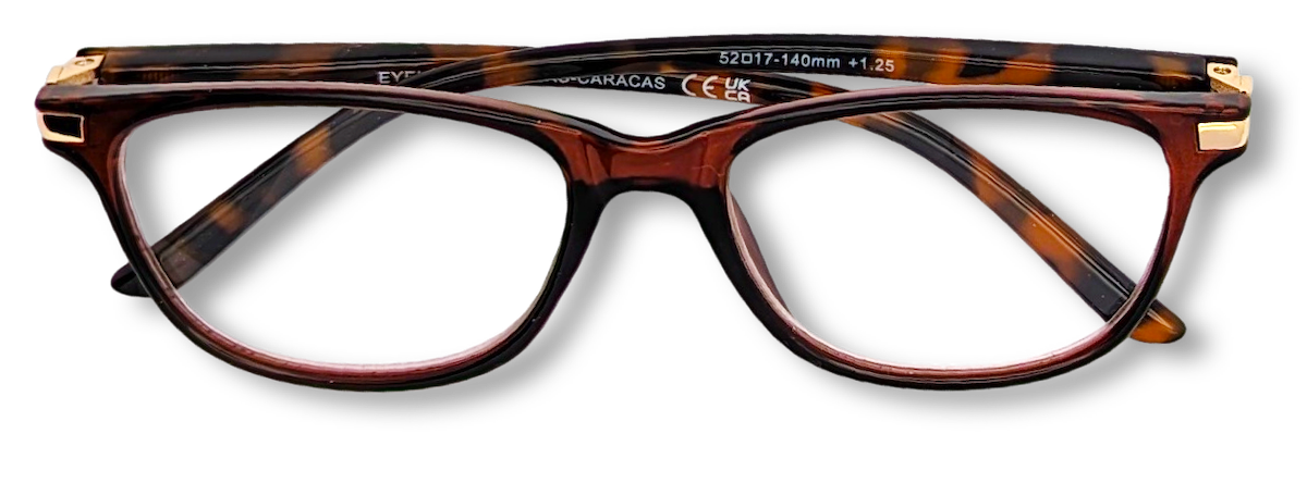 Eyelevel-UK Caracas reading glasses with a translucent brown and orange tortoiseshell squared plastic frame.