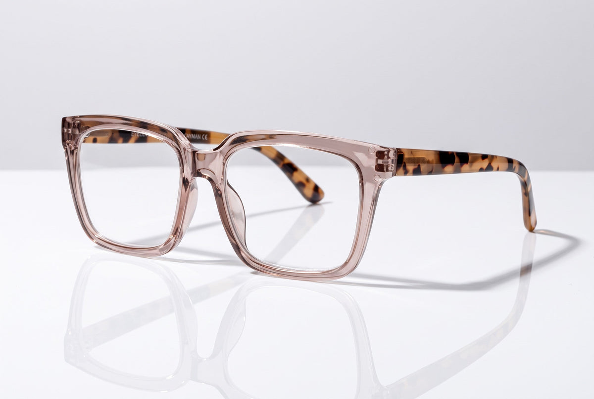 Eyelevel-UK Cayman reading glasses with a pale-pink squared frame and tortoiseshell patterned temples.