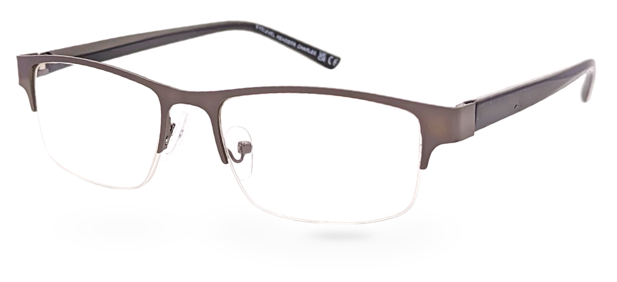 Eyelevel-UK Charles rectangular reading glasses with a bronze semi-rimless frame and clear magnifying lenses.