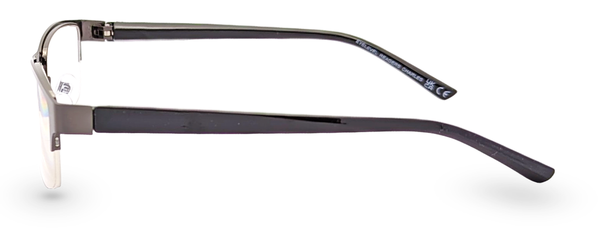 Eyelevel-UK Charles reading glasses with a bronze semi-rimless rectangular frame and black temples, side view.