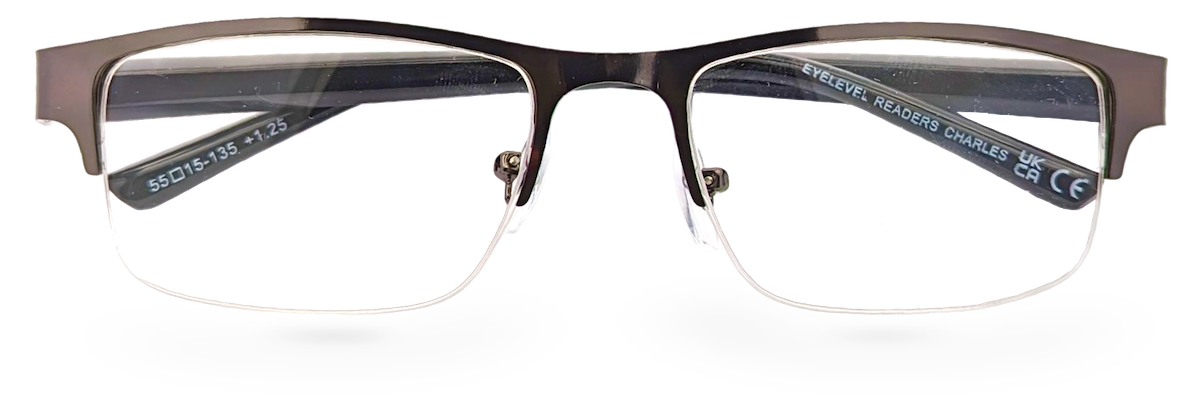 Eyelevel-UK Charles reading glasses with a bronze semi-rimless rectangular frame and clear magnifying lenses.