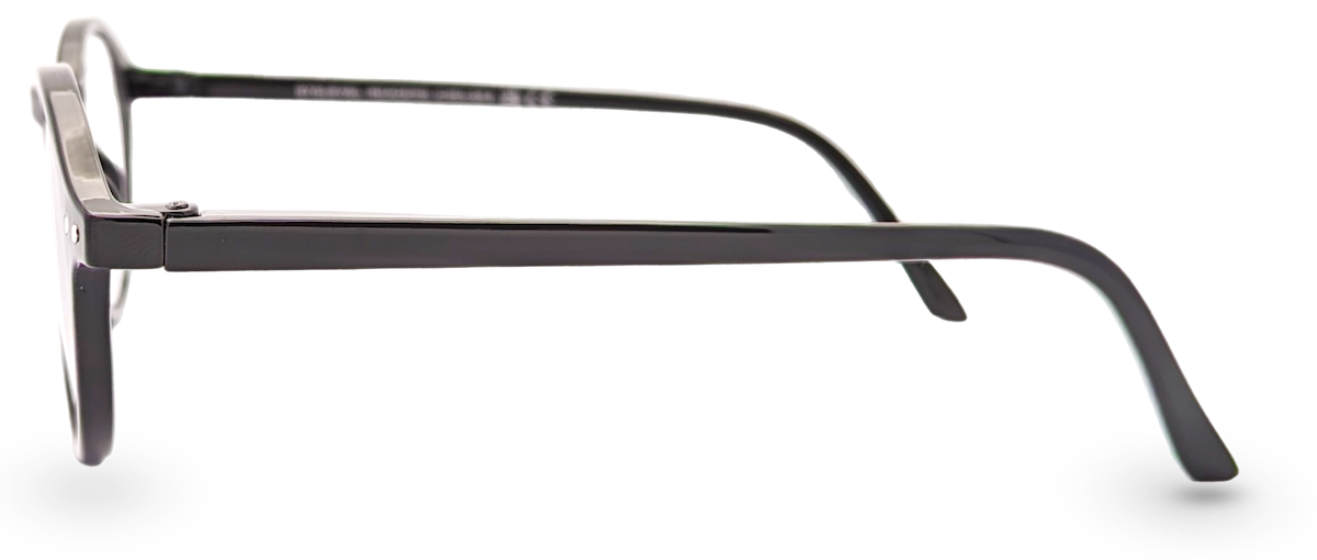 Eyelevel-UK Chelsea reading glasses with a black round plastic frame shown from a side profile view