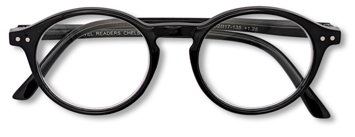 Eyelevel-UK Chelsea reading glasses featuring a classic black round plastic frame with clear magnifying lenses.