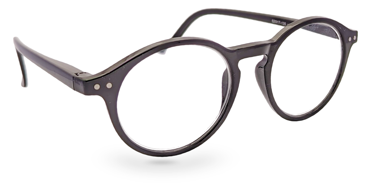 Eyelevel-UK Chelsea reading glasses with a classic black round plastic frame and clear magnifying lenses