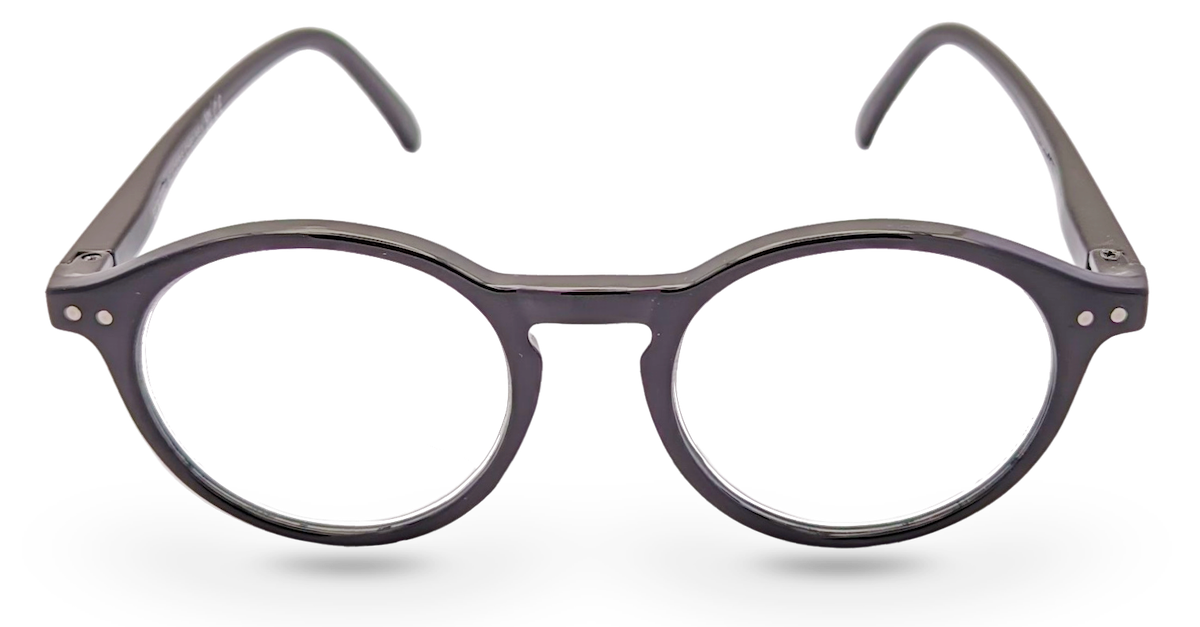Eyelevel-UK Chelsea reading glasses with a classic black round plastic frame and clear magnifying lenses