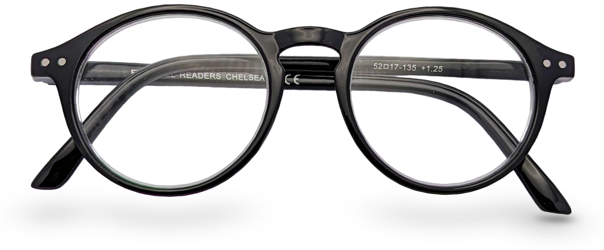 Eyelevel-UK Chelsea reading glasses featuring a classic black round plastic frame and clear magnifying lenses.