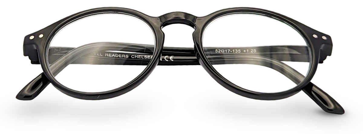 Eyelevel-UK Chelsea reading glasses with a classic black round plastic frame and clear magnifying lenses