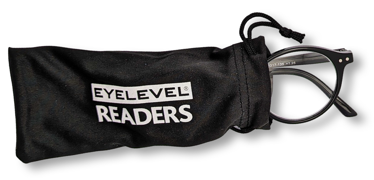 Eyelevel-UK Chelsea reading glasses with black round frames partially inside a black branded soft storage pouch