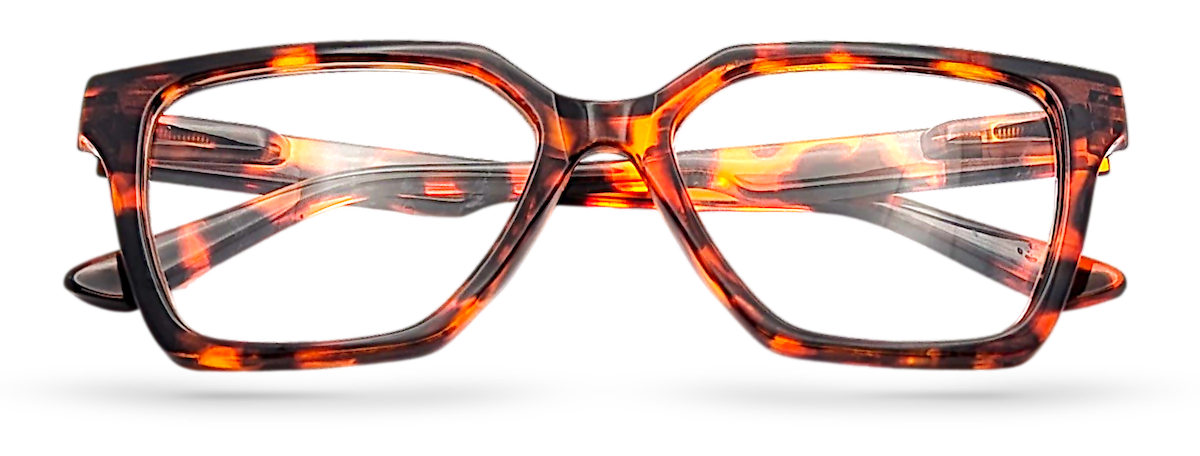 Eyelevel-UK Chile reading glasses with a brown tortoiseshell geometric plastic frame and clear magnifying lenses.