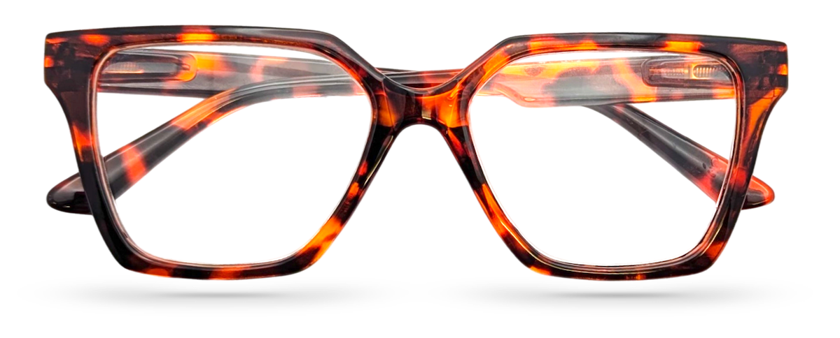 Eyelevel-UK Chile reading glasses with a brown tortoiseshell geometric frame and clear magnifying lenses.