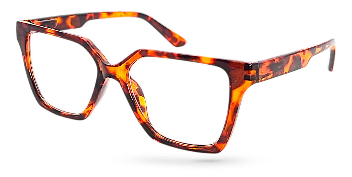 Eyelevel-UK Chile reading glasses with a brown tortoiseshell geometric plastic frame and clear magnifying lenses.