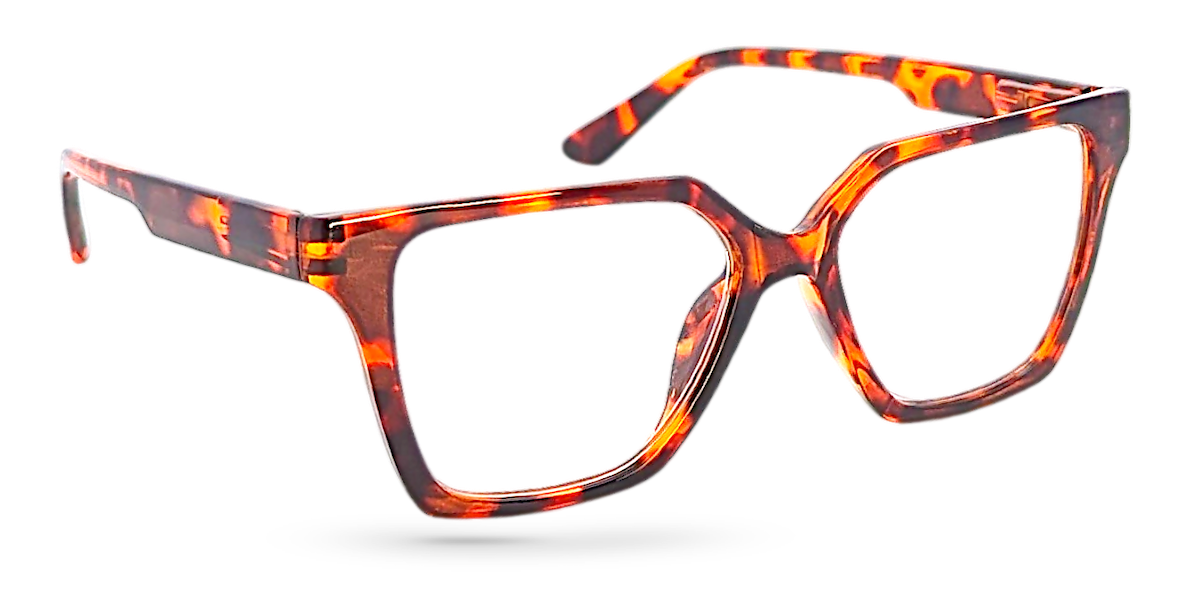 Eyelevel-UK Chile reading glasses with a brown tortoiseshell geometric plastic frame and clear magnifying lenses.