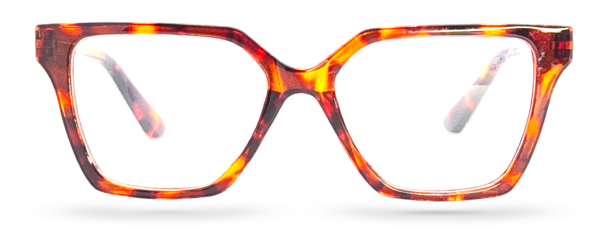 Eyelevel-UK Chile reading glasses with a brown tortoiseshell geometric plastic frame and clear magnifying lenses.