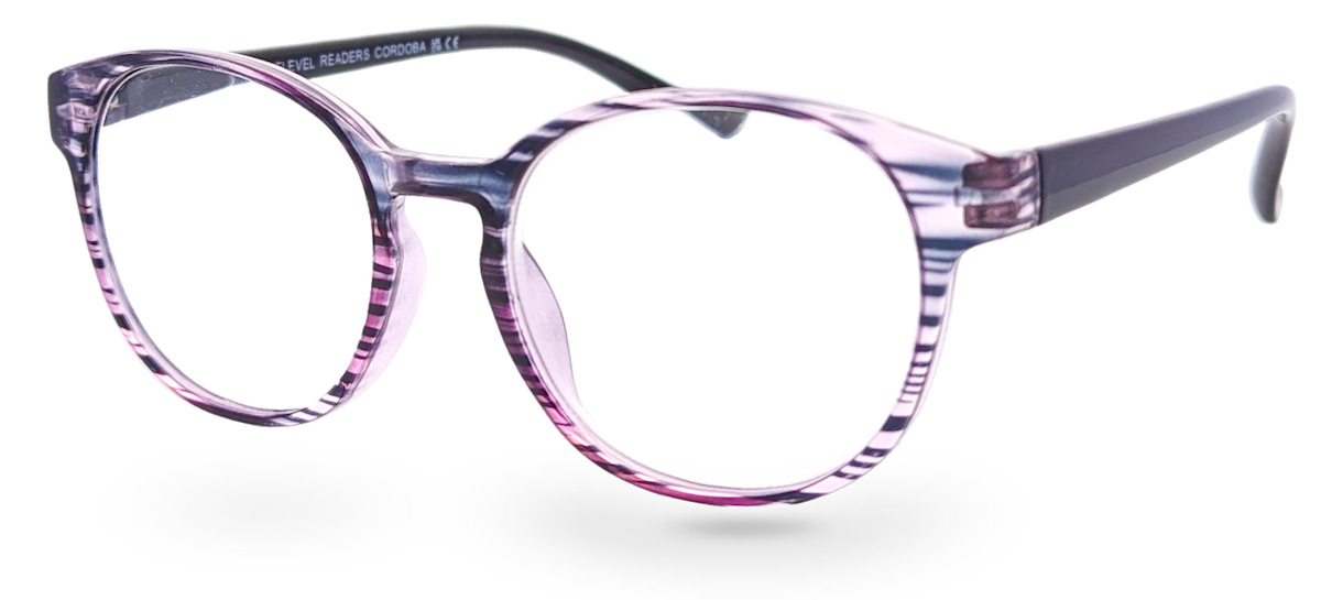 Eyelevel-UK Cordoba reading glasses with a purple patterned round plastic frame and clear magnifying lenses.