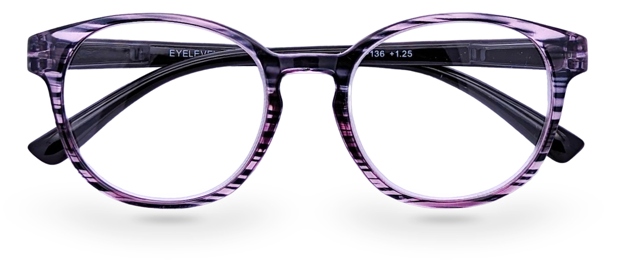 Eyelevel-UK Cordoba reading glasses with a purple striped softly squared plastic frame and clear magnifying lenses