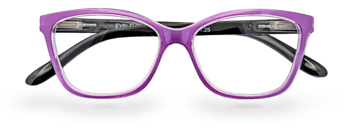 Eyelevel-UK Courtney reading glasses with a purple and grey softly squared plastic frame and clear magnifying lenses.